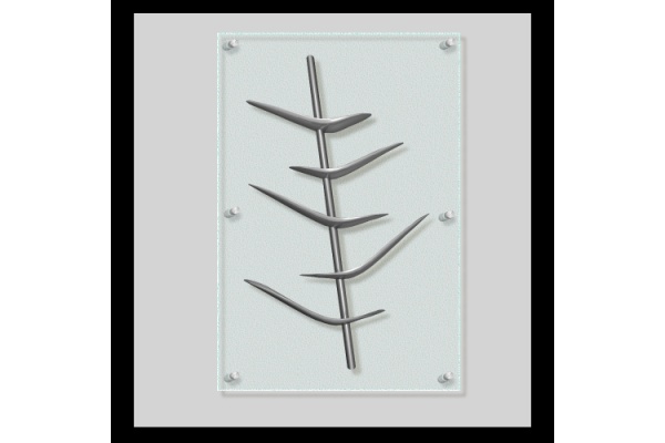 Bamboo wall sculpture. Steel stylised bamboo on glass background.